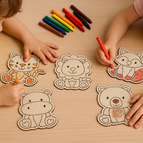 Kids Animal Coloring Cutouts, 3mm MDF Craft Set, 5 Designs - Tiger, Fox, Lion, Hippo, Bear, Educational Activity for Ages 3+_79