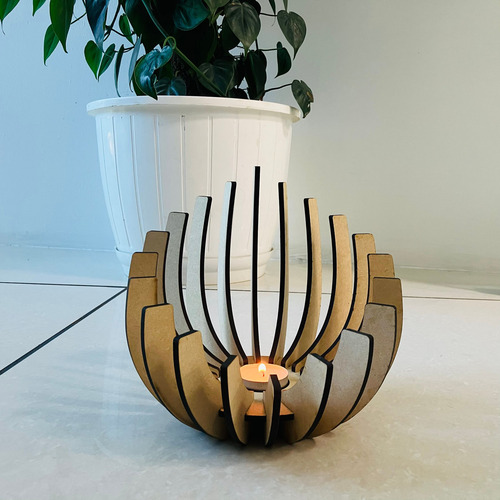 Modern Laser Cut Tealight Candle Holder, 20 x 20 x 20 cm, 22-Pieces Design, Beige Color, 4mm MDF (Includes 1 Piece of 7 Hrs Long Burning Unscented Tealight Candle)_119