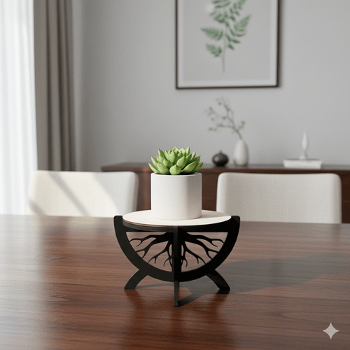 Laser Cut Modern Plant Stand with Decorative Root Design, Black Wooden Frame with Plywood Platform, 6x6x3.5 Inch, Indoor Home Decor_129