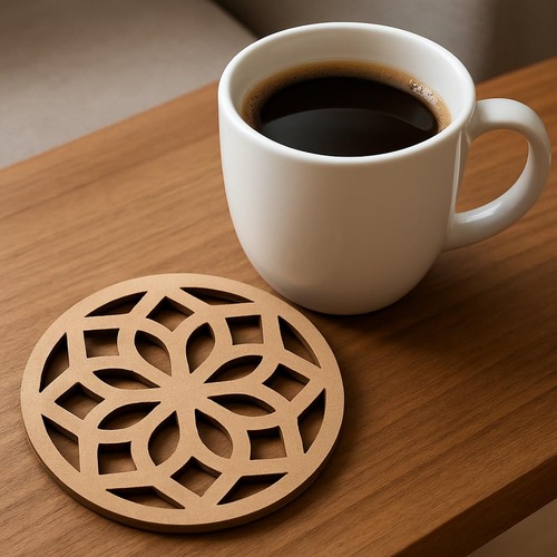 Laser Cut Decorative Blank MDF Coaster with Floral Design, 9.5 x 9.5 cm, 4 mm Thick, Ready to Colour, Pack of 4_32