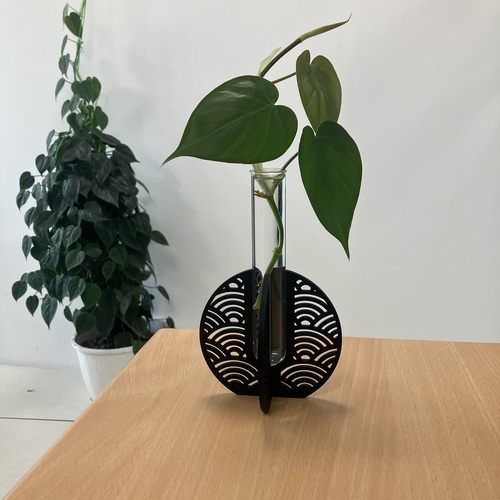 Laser Cut Japanese Wave Pattern Test Tube Vase, Black MDF Base 10x10 cm, Glass Tube 25x150 mm, Modern Plant Propagation Stand, Suitable for Home Decor and Plant Hobbyist_94