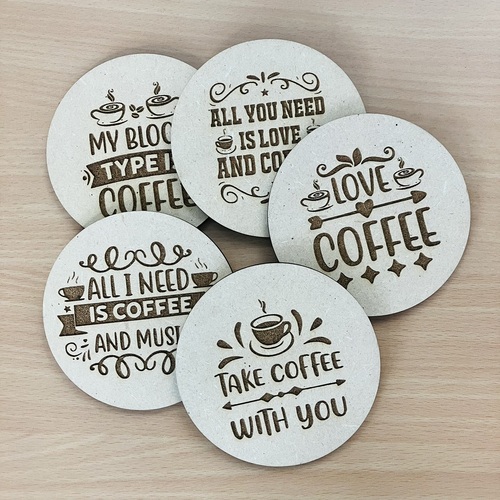 Laser Engraved Coffee Themed Wooden Coasters with Quotes, 9.5 x 9.5 cm, Set of 5, 4mm MDF Material, Perfect for Home Decor, Cafe and Coffee Lovers_104