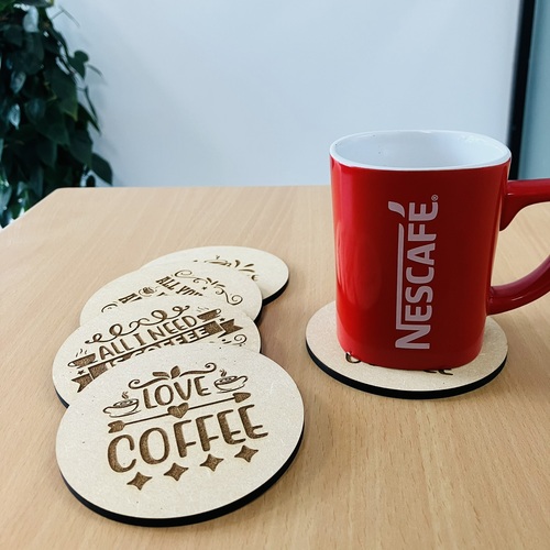 Laser Engraved Coffee Themed Wooden Coasters with Quotes, 9.5 x 9.5 cm, Set of 5, 4mm MDF Material, Perfect for Home Decor, Cafe and Coffee Lovers_105